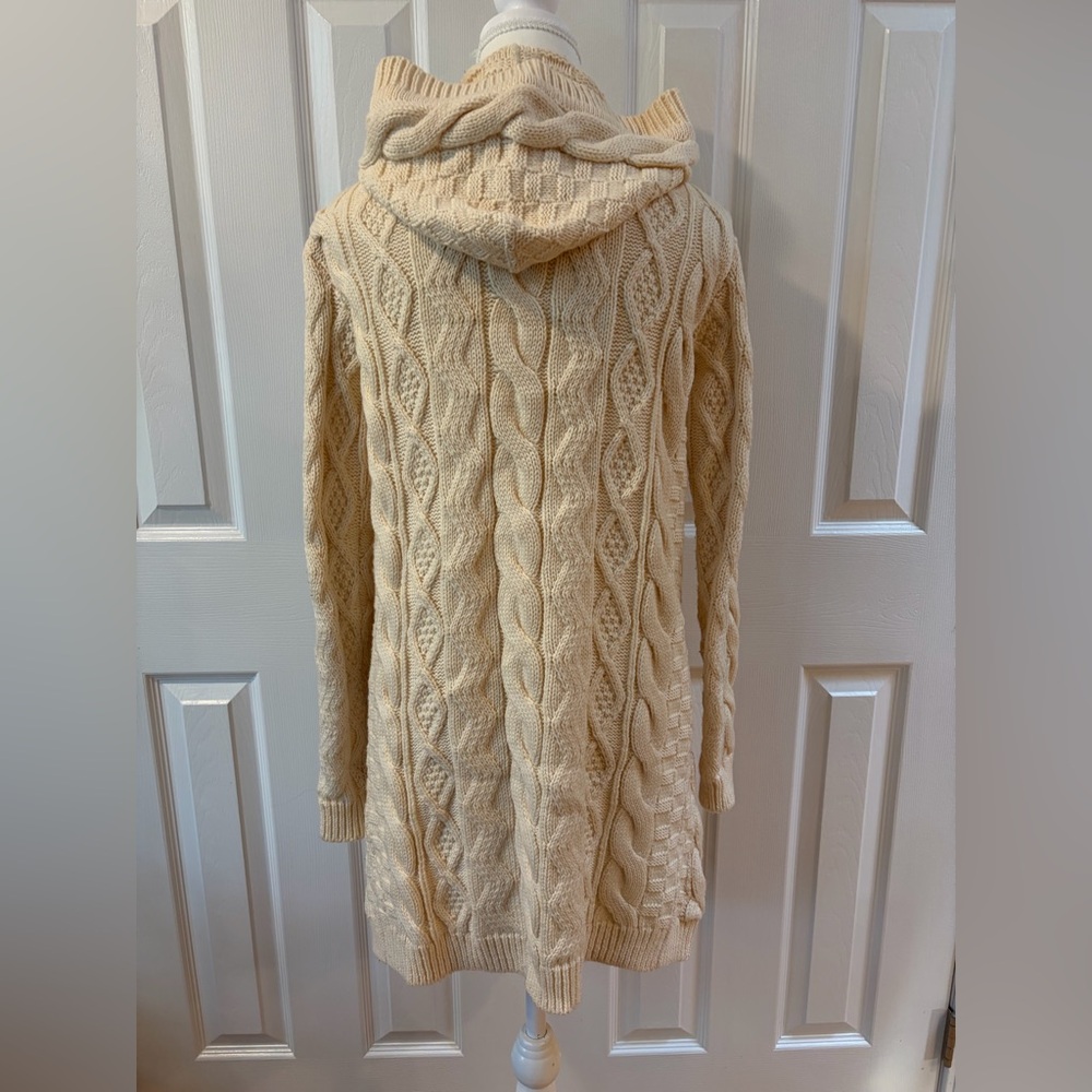 Blarney Aran Originals Cream Cable Knit Wool Hooded Toggle Cardigan Size S - Picture 4 of 11